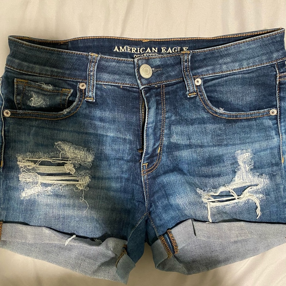 American Eagle midi distressed denim shorts